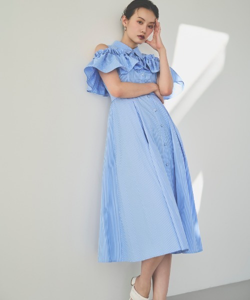 And Couture ストライプオフショルフリルワンピース ストライプオフショルフリルワンピース(506208129) | AND