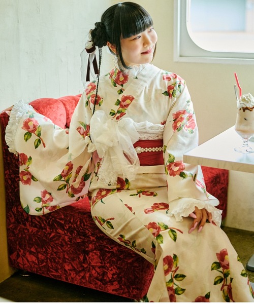 も*じ様 kutir クティールとレトロ 2wayレトロ浴衣セット 椿柄 セール】【クティールとレトロ】2WAY 浴衣セット(浴衣)|kutir