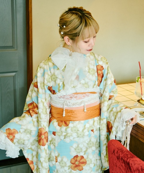 【クティールとレトロ】2wayレトロ浴衣セット 花柄チェックカーディガン風浴衣 クティールとレトロ】2wayレトロ浴衣セット 花柄チェック