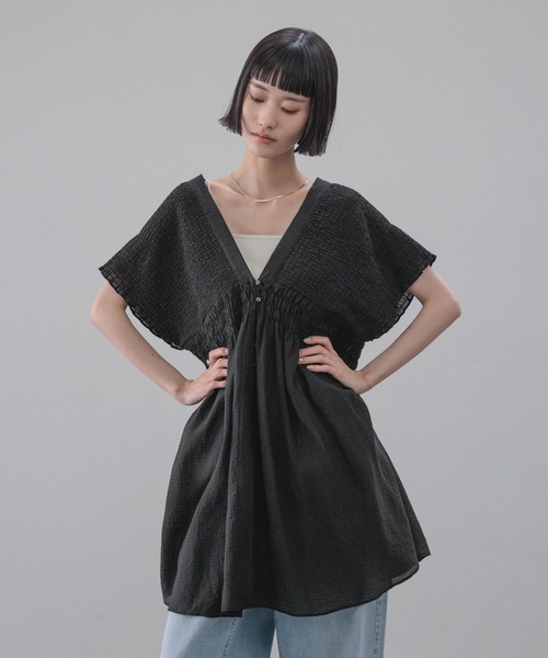 新品 シャーリングチュニック g)グラム服/g-494/グラム/バックシャーリングチュニック/夏ロング丈T