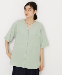 みつ②F グリーン系チェックボリューミーブラウス　五分袖　夏　ゆったり みつ②F グリーン系チェックボリューミーブラウス 五分袖 夏