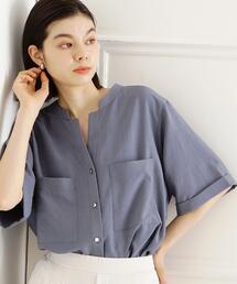 THE SHOP TK  | 【秋色入荷/インしなくても決まる】ダブルポケット5分袖シャツ/体型カバー／洗濯機OK(シャツ/ブラウス)