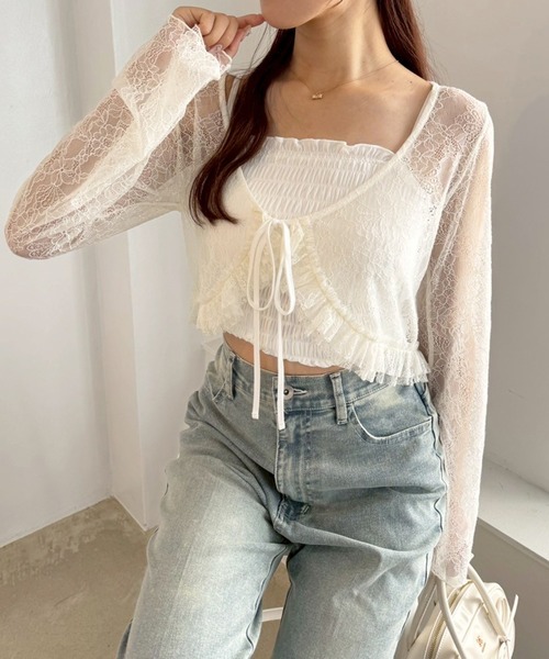 one after another NICE CLAUP（ワンアフターアナザーナイスクラップ）の「レースボレロカーディガン（カーディガン/ボレロ・レディース・オフホワイト/モカ/ラベンダー・FREE）」の4枚目の写真