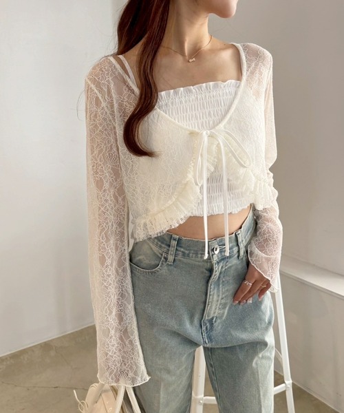 one after another NICE CLAUP（ワンアフターアナザーナイスクラップ）の「レースボレロカーディガン（カーディガン/ボレロ・レディース・オフホワイト/モカ/ラベンダー・FREE）」の7枚目の写真