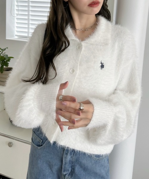 U.S. POLO ASSN.（ユーエスポロアッスン）の「【Ada.別注 U.S. POLO ASSN】襟付き シャギー ボリュームスリーブ ニット（カーディガン/ボレロ・レディース・チャコール/ホワイト/ピンク/ネイビー/ブルーグレー/アイボリー/ブラウン/グレイッシュベージュ・FREE）」の12枚目の写真