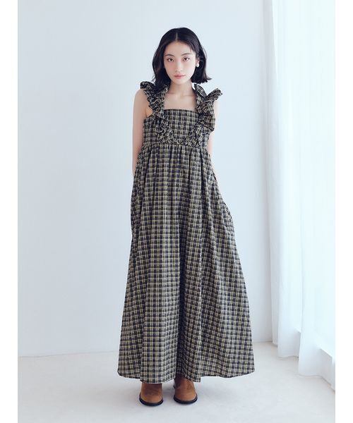 【美品即納】リリー ブラウン エンジェルスリーブボリュームワンピース1 チェック エンジェルスリーブボリュームワンピース（ワンピース）｜LILY