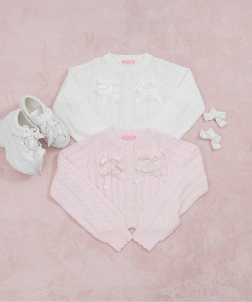 Honey Cinnamon（ハニーシナモン）の「ポイントリボンケーブルカーディガン（ニット/セーター・レディース・ピンク/ホワイト・FREE）」の8枚目の写真