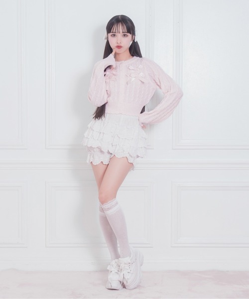 Honey Cinnamon（ハニーシナモン）の「ポイントリボンケーブルカーディガン（ニット/セーター・レディース・ピンク/ホワイト・FREE）」の6枚目の写真