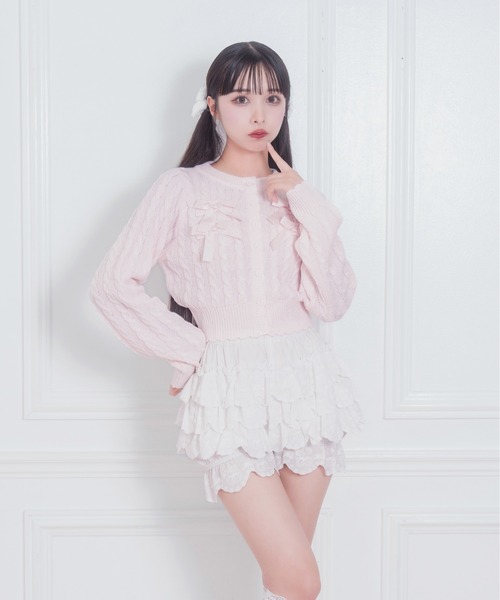 Honey Cinnamon（ハニーシナモン）の「ポイントリボンケーブルカーディガン（ニット/セーター・レディース・ピンク/ホワイト・FREE）」の5枚目の写真