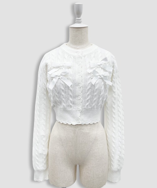 Honey Cinnamon（ハニーシナモン）の「ポイントリボンケーブルカーディガン（ニット/セーター・レディース・ピンク/ホワイト・FREE）」の9枚目の写真