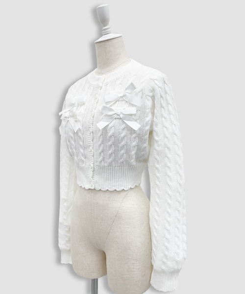 Honey Cinnamon（ハニーシナモン）の「ポイントリボンケーブルカーディガン（ニット/セーター・レディース・ピンク/ホワイト・FREE）」の10枚目の写真