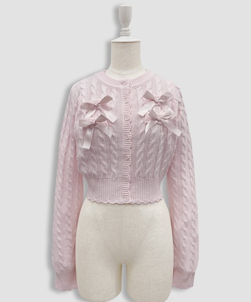 Honey Cinnamon（ハニーシナモン）の「ポイントリボンケーブルカーディガン（ニット/セーター・レディース・ピンク/ホワイト・FREE）」の13枚目の写真