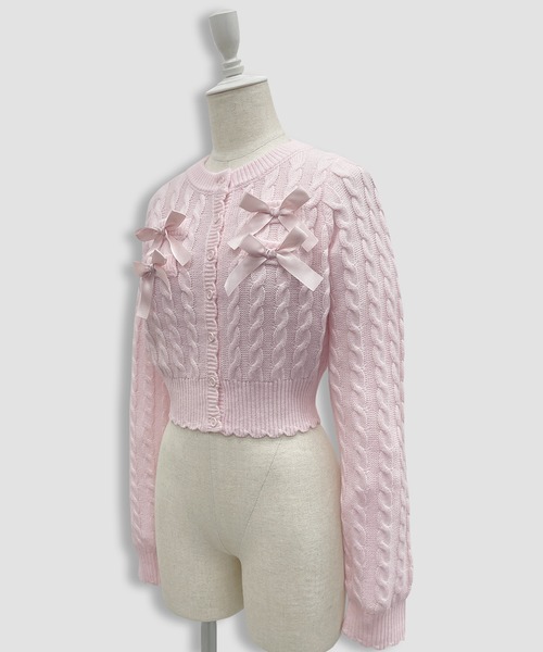 Honey Cinnamon（ハニーシナモン）の「ポイントリボンケーブルカーディガン（ニット/セーター・レディース・ピンク/ホワイト・FREE）」の14枚目の写真