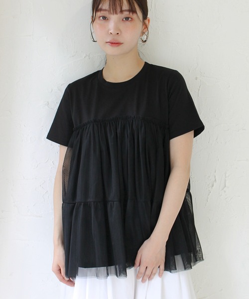 StyleSea（スタイルシー）の「チュールコンビカットソープルオーバー（Tシャツ/カットソー・レディース・ブラック/オフホワイト・FREE）」の2枚目の写真