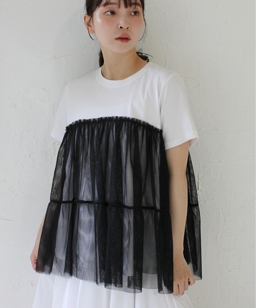 StyleSea（スタイルシー）の「チュールコンビカットソープルオーバー（Tシャツ/カットソー・レディース・ブラック/オフホワイト・FREE）」の3枚目の写真