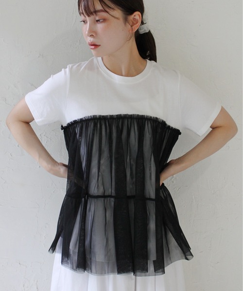 StyleSea（スタイルシー）の「チュールコンビカットソープルオーバー（Tシャツ/カットソー・レディース・ブラック/オフホワイト・FREE）」の5枚目の写真