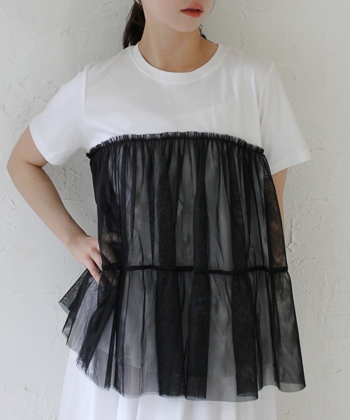 StyleSea（スタイルシー）の「チュールコンビカットソープルオーバー（Tシャツ/カットソー・レディース・ブラック/オフホワイト・FREE）」の6枚目の写真