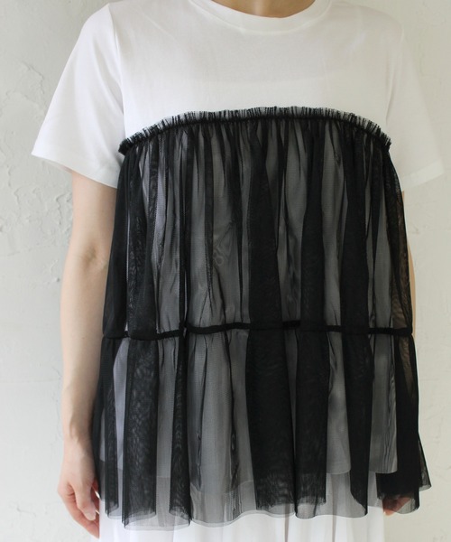 StyleSea（スタイルシー）の「チュールコンビカットソープルオーバー（Tシャツ/カットソー・レディース・ブラック/オフホワイト・FREE）」の7枚目の写真