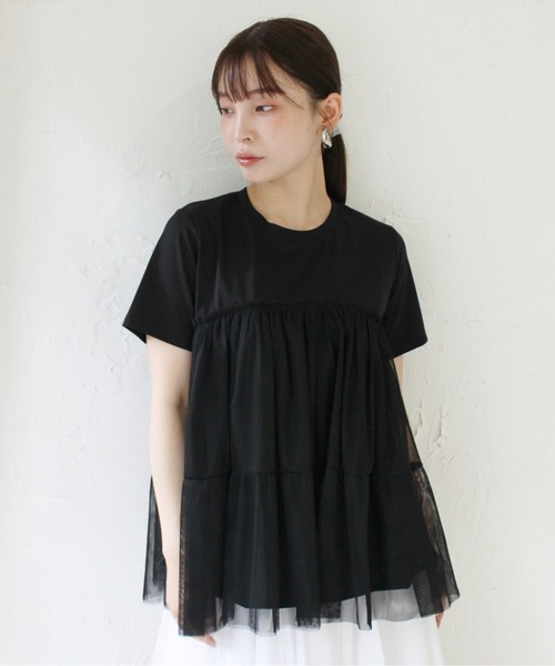 StyleSea（スタイルシー）の「チュールコンビカットソープルオーバー（Tシャツ/カットソー・レディース・ブラック/オフホワイト・FREE）」の9枚目の写真