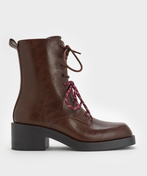 CHARLES & KEITH(チャールズ & キース)の「Logan ローガン ダブルレースミッドカーフコンバットブーツ(ブーツ・レディース・ダークブラウン/サンドベージュ・25cm/24.5cm/23.5cm/23cm/22.5cm/25.5cm)」の2枚目の写真