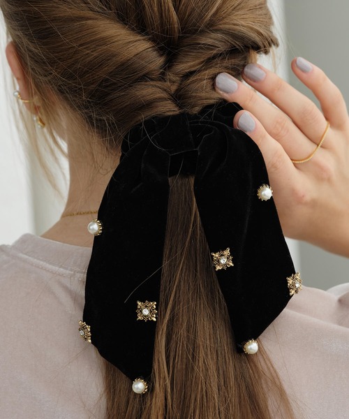 acca マシュマロ シュシュ　ビジューリボン　シルクシュシュ　ブラック acca マシュマロ シュシュ ビジューリボン シルクシュシュ ブラック