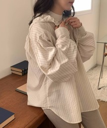 【Y2Kガーリー】レトロフリルフード付きストライプシャツ(バットスリーブ)