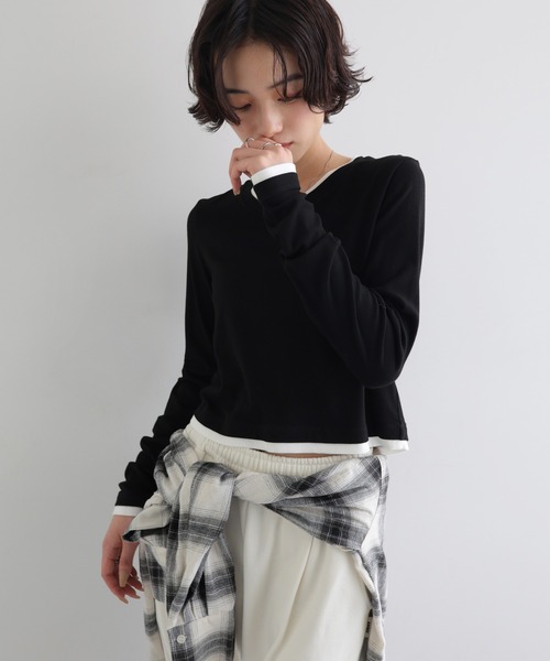 ANME(アンメ)の「【新色追加】テレコリブバイカラー長袖トップス(Tシャツ/カットソー・レディース・杢グレー/オフホワイト/ブラック/ブラウン・MS/M)」の17枚目の写真