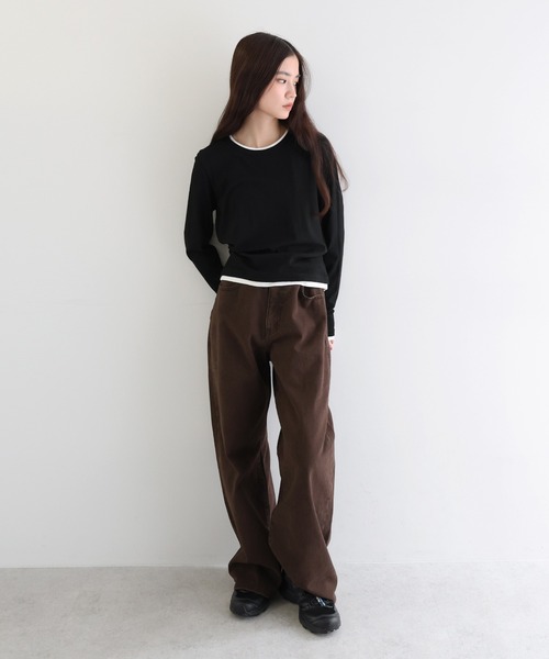 新色追加】テレコリブバイカラー長袖トップス（Tシャツ/カットソー