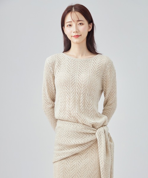 SUWDEE(スーディー)の「openwork knit shawl set up(セットアップ・レディース・グレイッシュベージュ/グリーン・M)」の1枚目の写真