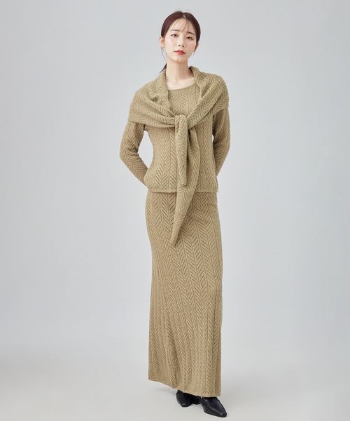 SUWDEE(スーディー)の「openwork knit shawl set up(セットアップ・レディース・グレイッシュベージュ/グリーン・M)」の2枚目の写真