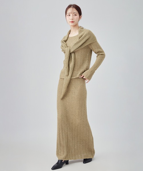 SUWDEE(スーディー)の「openwork knit shawl set up(セットアップ・レディース・グレイッシュベージュ/グリーン・M)」の9枚目の写真