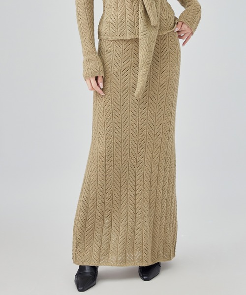 SUWDEE(スーディー)の「openwork knit shawl set up(セットアップ・レディース・グレイッシュベージュ/グリーン・M)」の11枚目の写真