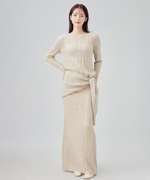 SUWDEE(スーディー)の「openwork knit shawl set up(セットアップ・レディース・グレイッシュベージュ/グリーン・M)」の4枚目の写真