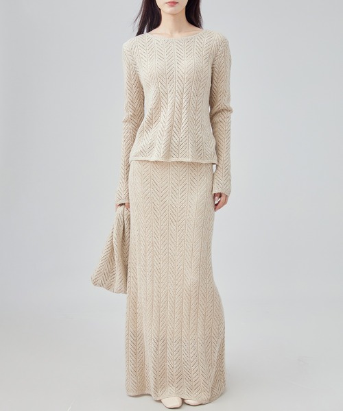 SUWDEE(スーディー)の「openwork knit shawl set up(セットアップ・レディース・グレイッシュベージュ/グリーン・M)」の5枚目の写真