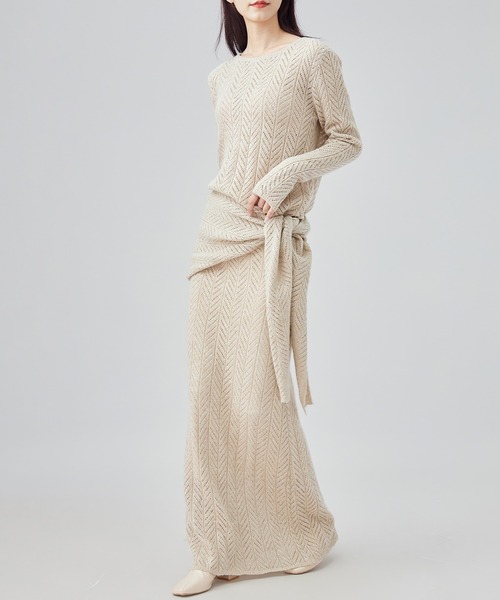 SUWDEE(スーディー)の「openwork knit shawl set up(セットアップ・レディース・グレイッシュベージュ/グリーン・M)」の6枚目の写真