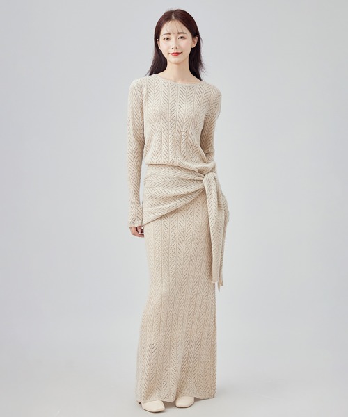 SUWDEE(スーディー)の「openwork knit shawl set up(セットアップ・レディース・グレイッシュベージュ/グリーン・M)」の3枚目の写真
