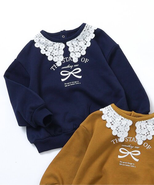 apres les cours（アプレレクール）の「【ジュニア対応】レース衿リボンロゴトレーナー（スウェット・キッズ・キャメル/ネイビー・110/100/90/80/140/130/120）」の2枚目の写真