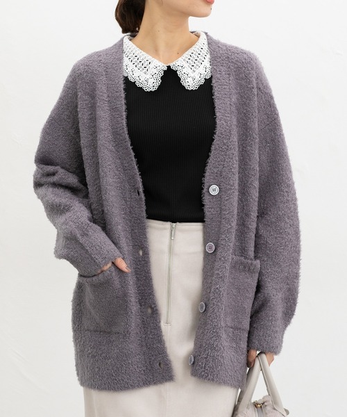 特別セール⭐︎新品アビステ　フードカーディガン　ウール混パープル×グレー ブークレVネックカーデ（カーディガン/ボレロ）｜Honeys（ハニーズ
