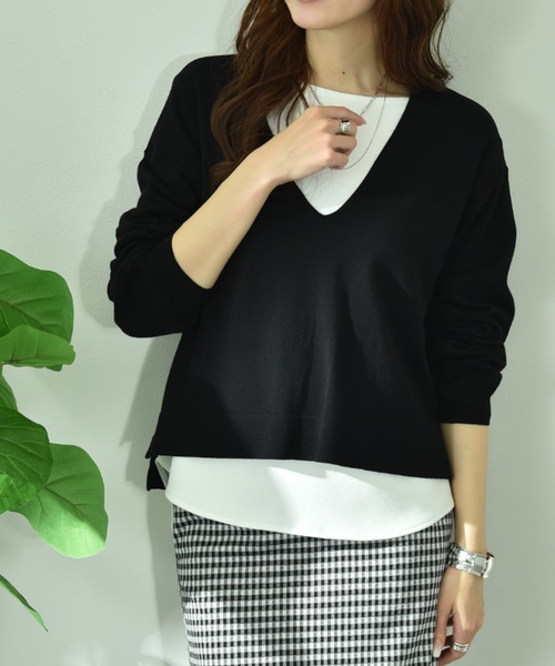 INTERPLANET(インタープラネット)の「【CLOCHE】VネックニットインナーSET(ニット/セーター・レディース・ブラック/グレイッシュベージュ・FREE)」の1枚目の写真
