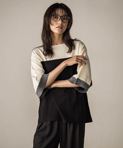 MAYSON GREY（メイソングレイ）の「配色7分袖ニットプルオーバー≪手洗い可能≫（ニット/セーター・レディース・ワインレッド/アイボリー/ベージュ系その他・M）」の2枚目の写真
