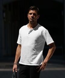 シアサッカーヘンリーネックTシャツ メンズ 半袖 Tシャツ カットソー 夏服