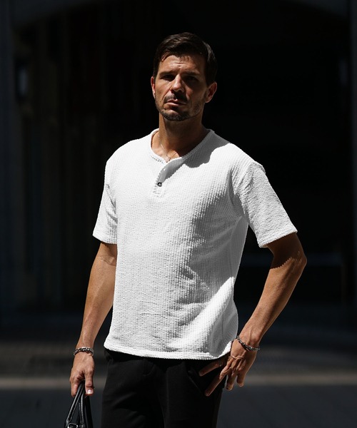 シアサッカーヘンリーネックTシャツ メンズ 半袖 Tシャツ カットソー