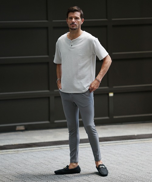 JOKER(ジョーカー)の「シアサッカーヘンリーネックTシャツ メンズ 半袖 Tシャツ カットソー 夏服(Tシャツ/カットソー・メンズ・ブラック/ホワイト×グレー/ホワイト/ネイビー/ホワイト×ネイビー・M/L/XL)」の10枚目の写真