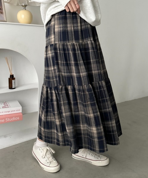 CLEA（クレア）の「レトロチェック柄ティアードスカート（スカート・レディース・ネイビー/ブラウン/ブラック・FREE）」の20枚目の写真