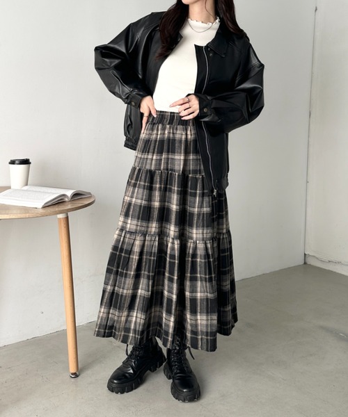 CLEA（クレア）の「レトロチェック柄ティアードスカート（スカート・レディース・ネイビー/ブラウン/ブラック・FREE）」の10枚目の写真