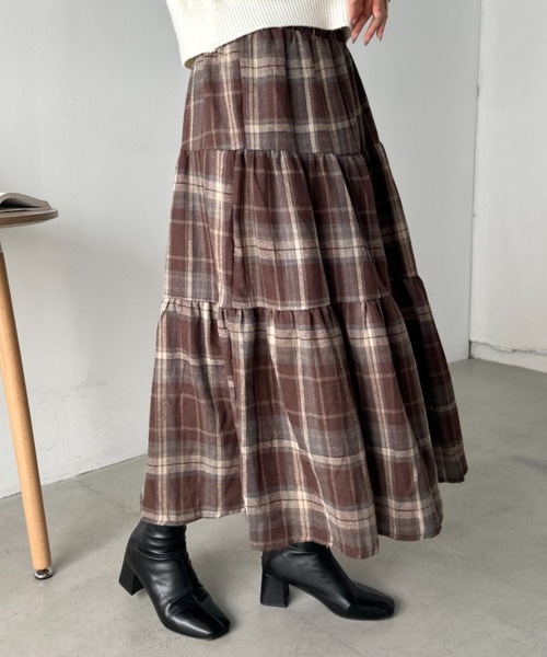 CLEA（クレア）の「レトロチェック柄ティアードスカート（スカート・レディース・ネイビー/ブラウン/ブラック・FREE）」の12枚目の写真