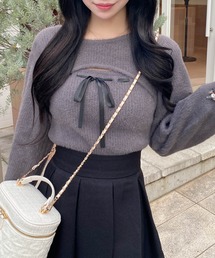 レディースのニット/セーター（グレー/灰色系・リボン）ファッション
