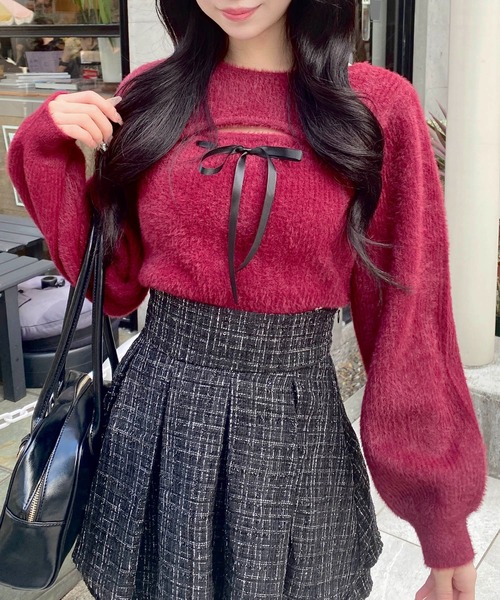 セール】フェザーリブデコルテオープンリボンニット（ニット/セーター