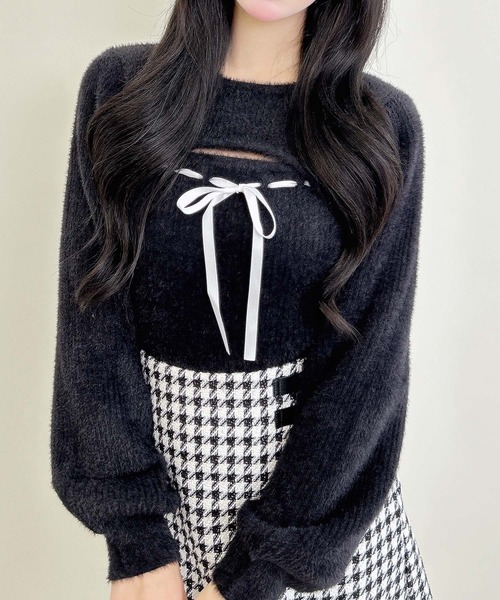 セール】フェザーリブデコルテオープンリボンニット（ニット/セーター