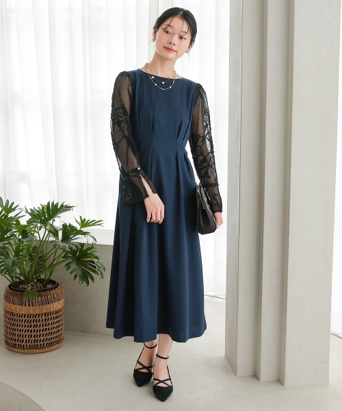Jolie et Jolie(ジョリーエジョリー)の「モール刺繍チュール使いウエストタックデザインワンピースドレス(ドレス・レディース・ベージュ/ネイビー・M/L/LL/3L/4L/5L)」の20枚目の写真